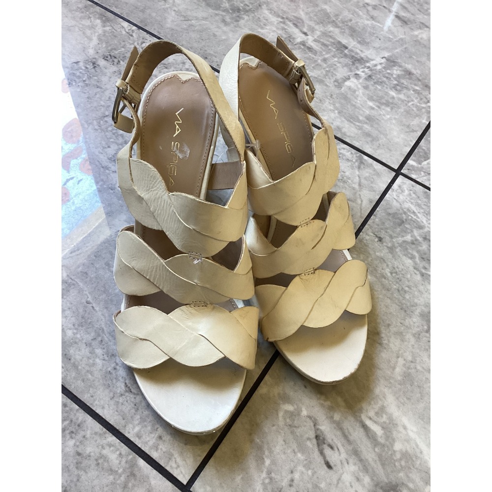 Via Spiga Womens Cream Leather Woven Slingback Block Heel Sandals Size 7M Italy